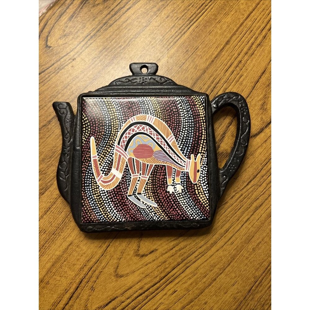 Tile Trivet Hot Pad Tea Kettle Teapot Shape w/ Kangaroo Mosaic Style Cast Iron